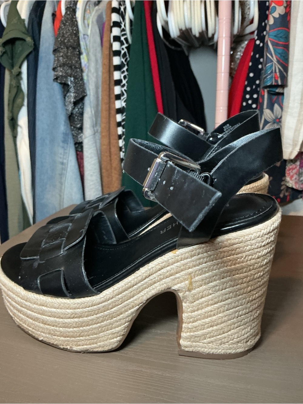 Black Leather Platform Espadrille Sandals - Picture 7 of 9